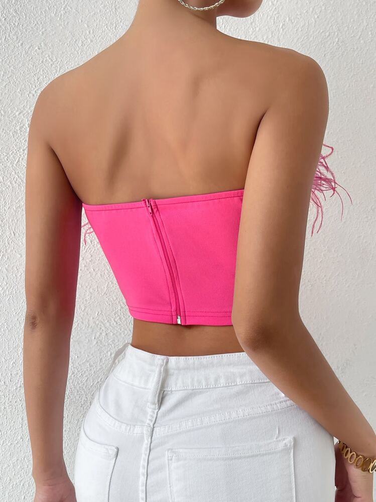 Zolique 1pc Fuzzy Trim Bustier Crop Tube Top - Hot Pink - View 2