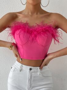 Zolique 1pc Fuzzy Trim Bustier Crop Tube Top - Hot Pink - View 4