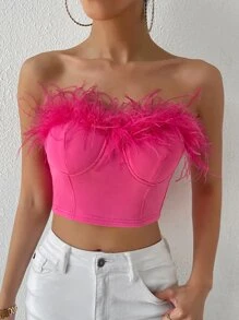 Zolique 1pc Fuzzy Trim Bustier Crop Tube Top - Hot Pink - View 5