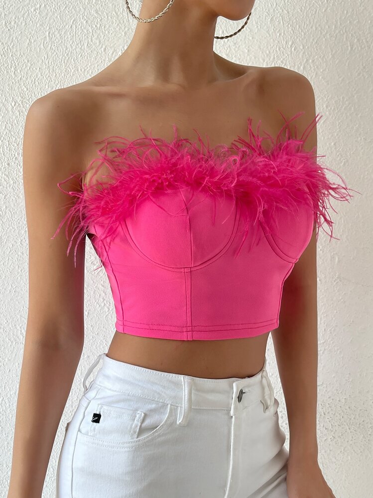 Zolique 1pc Fuzzy Trim Bustier Crop Tube Top - Hot Pink - View 6
