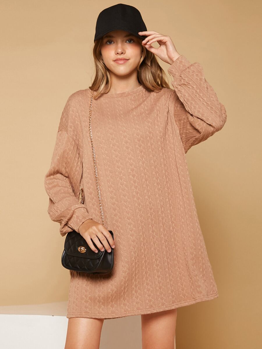 SHEIN Teen Girls Solid Drop Shoulder Dress - Khaki - View 1