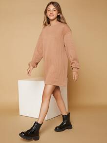 SHEIN Teen Girls Solid Drop Shoulder Dress - Khaki - View 4