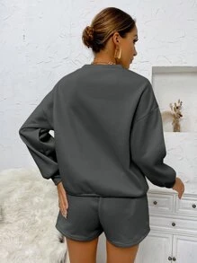 SHEIN Unity 字母刺繡落肩袖運動衫和短褲 - 深灰色 - 查看 2