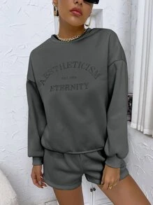 SHEIN Unity 字母刺繡落肩袖運動衫和短褲 - 深灰色 - 查看 3