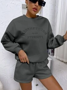 SHEIN Unity 字母刺繡落肩袖運動衫和短褲 - 深灰色 - 查看 4