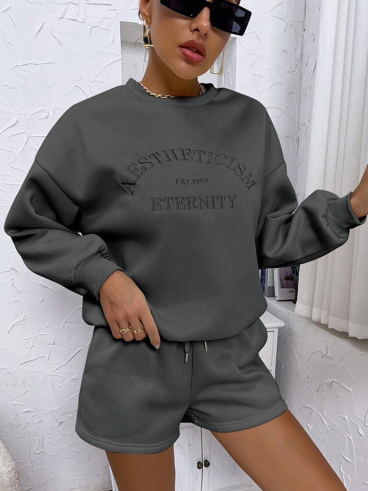 SHEIN Unity Bộ đồ hai mảnh nữ Thêu Lá thư Giải trí - Màu xám đen - Xem 4