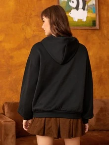 We Bare Bears X SHEIN Cartoon & Letter Graphic Drawstring Hoodie - Black - View 2