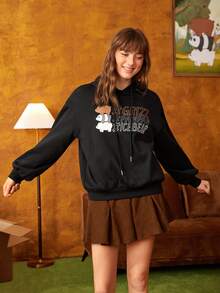 We Bare Bears X SHEIN Cartoon & Letter Graphic Drawstring Hoodie - Black - View 3