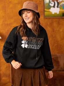 We Bare Bears X SHEIN Cartoon & Letter Graphic Drawstring Hoodie - Black - View 4