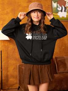 We Bare Bears X SHEIN Cartoon & Letter Graphic Drawstring Hoodie - Black - View 5