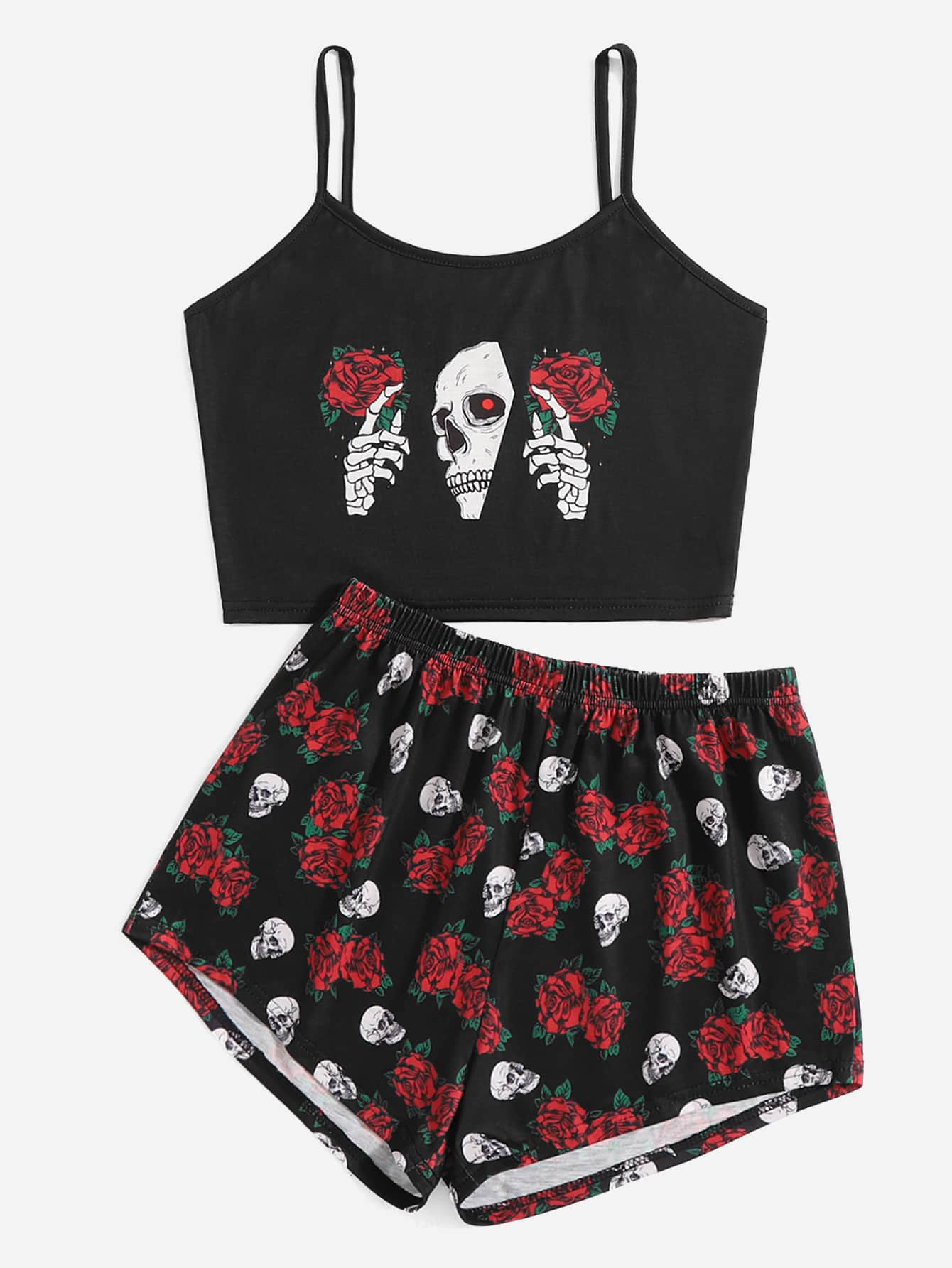 lockdsg Conjunto de pijama con estampado de cráneo & floral - Negro - Añade 5