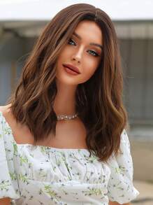 棕色短波波頭假髮16英寸中等部分短卷假髮適合女士合成假髮耐熱 - 棕色 - 查看 2