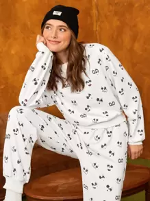 We Bare Bears X SHEIN Cartoon Graphic Drop Shoulder Pullover - White - View 1