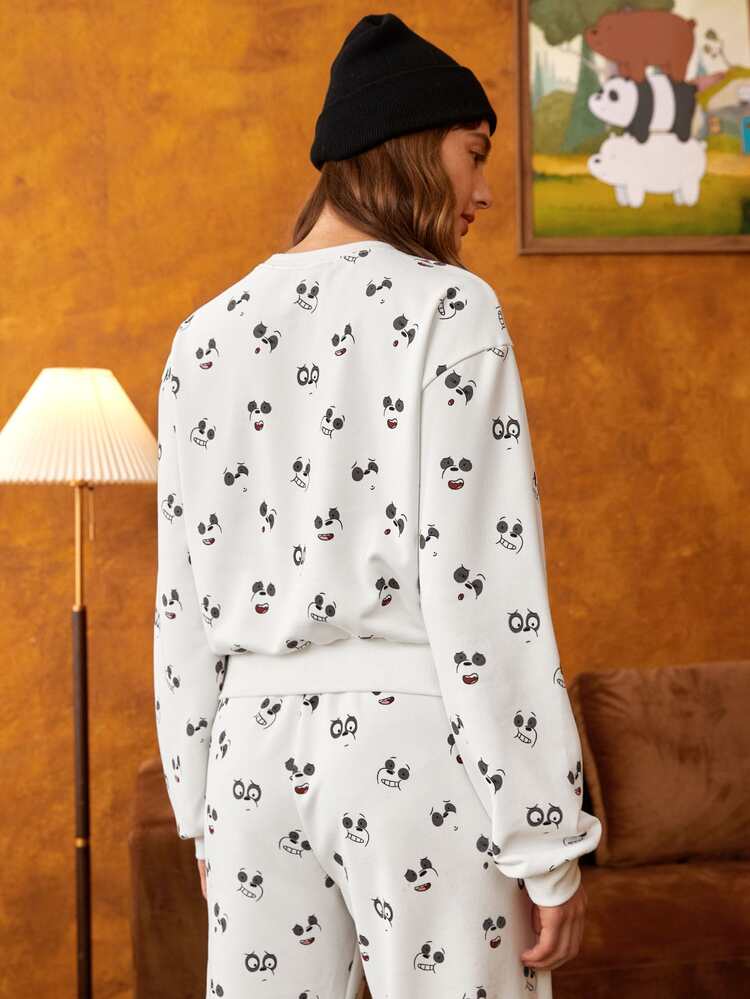 We Bare Bears X SHEIN Cartoon Graphic Drop Shoulder Pullover - White - View 2