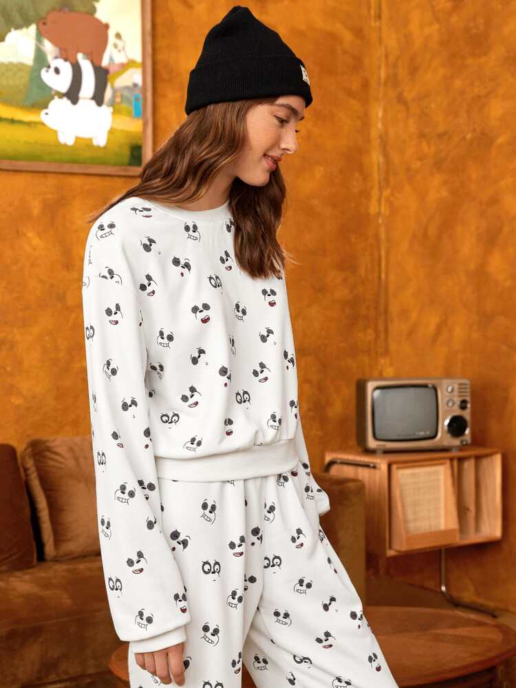 We Bare Bears X SHEIN Cartoon Graphic Drop Shoulder Pullover - White - View 6