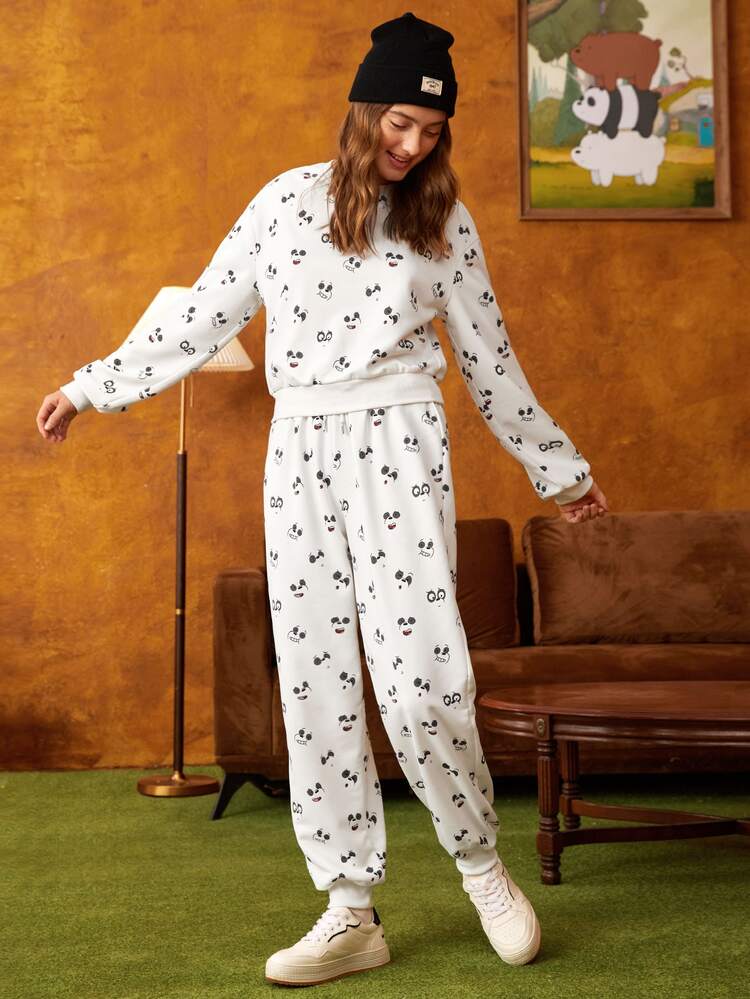 We Bare Bears X SHEIN Cartoon Graphic Drop Shoulder Pullover - White - View 8