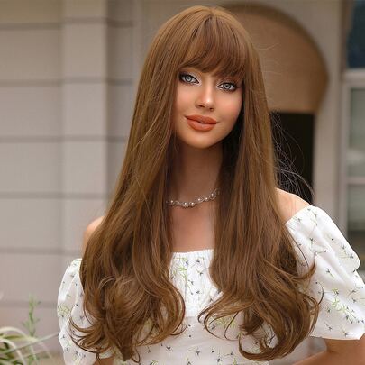 Natural Long Curly Synthetic Wig With Bangs