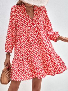 GENKIRA Floral Print Tie Neck Smock Dress - Red - View 1