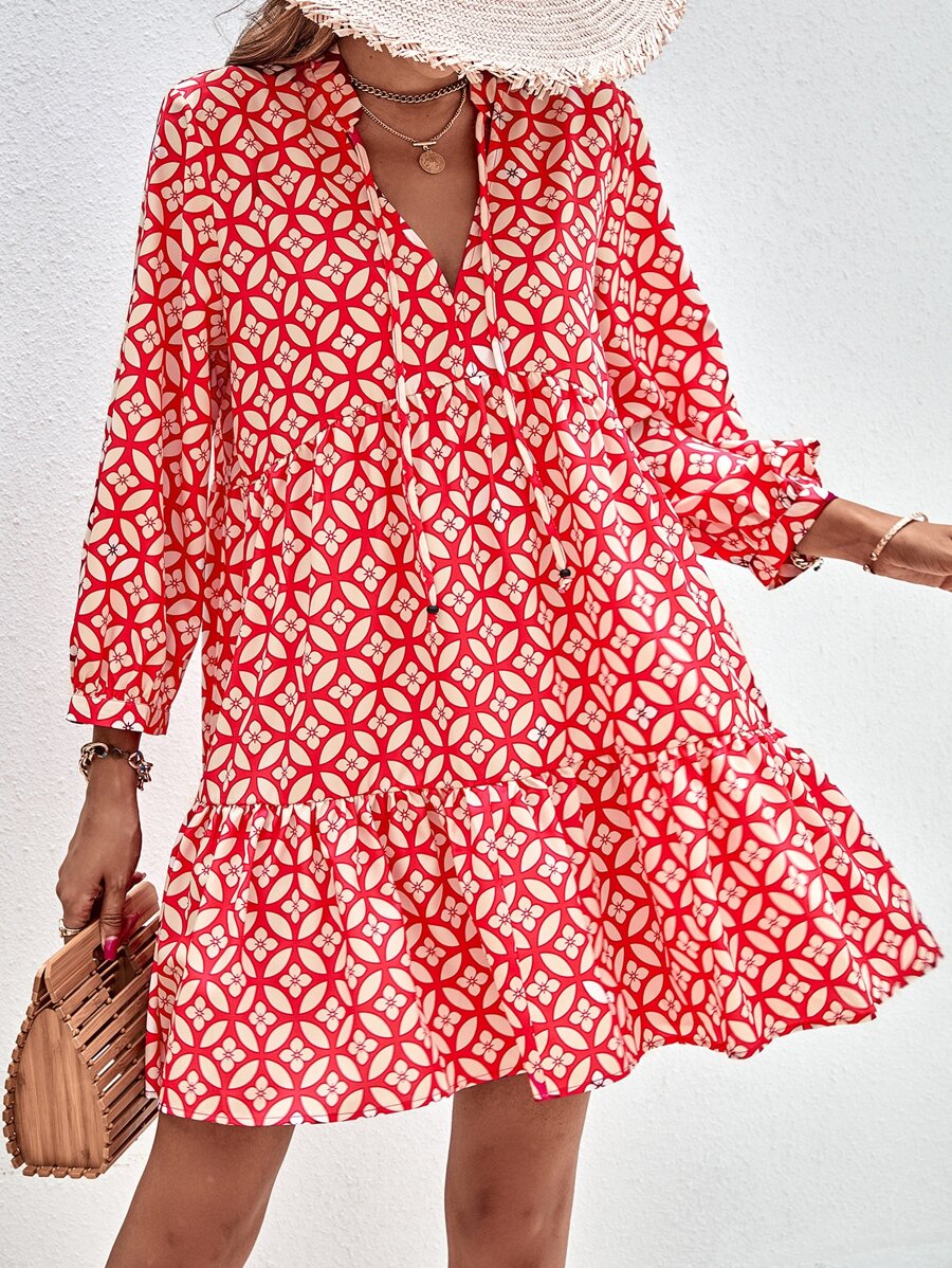 GENKIRA Floral Print Tie Neck Smock Dress - Red - View 1