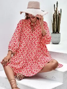 GENKIRA Floral Print Tie Neck Smock Dress - Red - View 5