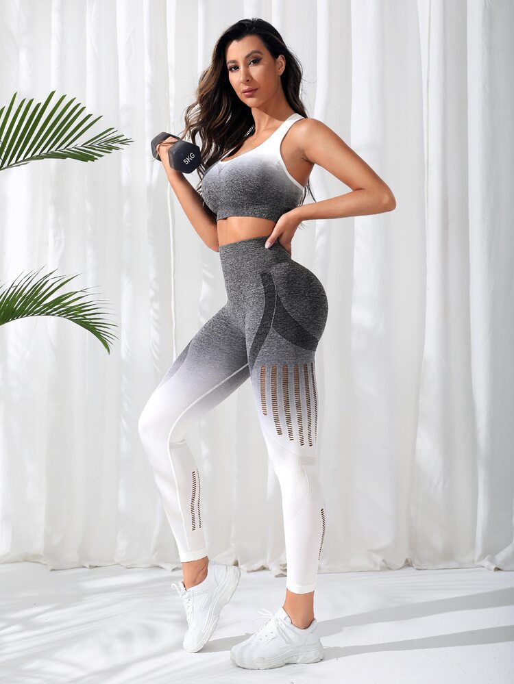 Easithlete Conjunto deportivo inconsútil súper elástico con abertura de ombré - Multicolor - Añade 4