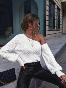 SHEIN Clasi Asymmetrical Neck Lantern Sleeve Jumper - White - View 4