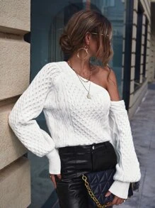 SHEIN Clasi Asymmetrical Neck Lantern Sleeve Jumper - White - View 5