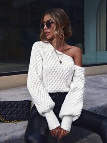 SHEIN Clasi Asymmetrical Neck Lantern Sleeve Jumper - White - View 6