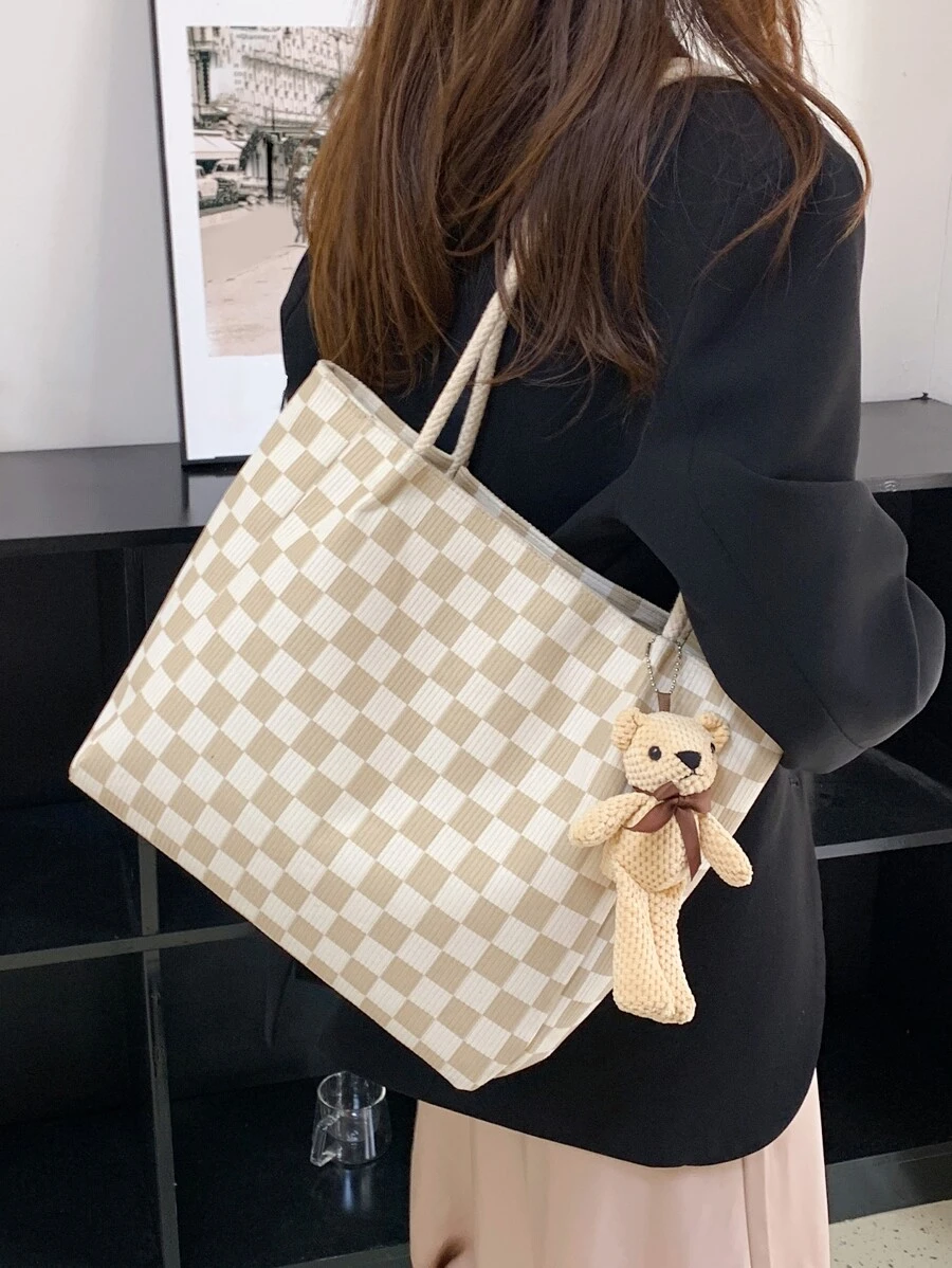 Checkered Pattern Bear Decor Corduroy Shoulder Tote Bag With Bag Charm - Multicolor - View 1