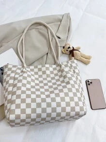 Checkered Pattern Bear Decor Corduroy Shoulder Tote Bag With Bag Charm - Multicolor - View 2