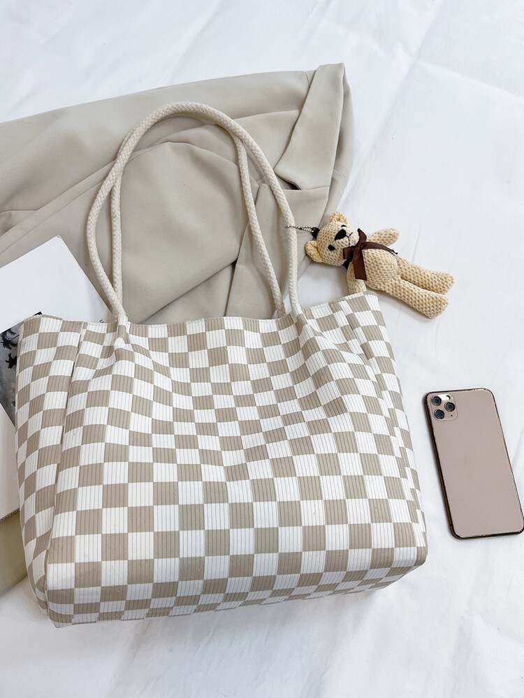 方格圖案熊裝飾燈芯絨單肩托特包附包飾 - 彩色 - 查看 2