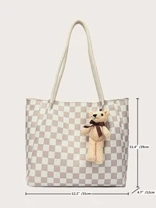 Checkered Pattern Bear Decor Corduroy Shoulder Tote Bag With Bag Charm - Multicolor - View 3
