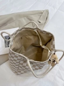 Checkered Pattern Bear Decor Corduroy Shoulder Tote Bag With Bag Charm - Multicolor - View 4