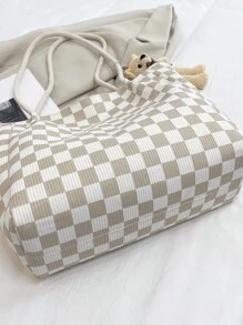 Checkered Pattern Bear Decor Corduroy Shoulder Tote Bag With Bag Charm - Multicolor - View 5