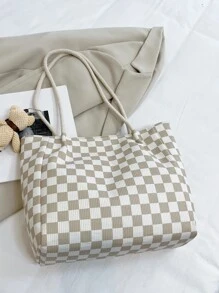 Checkered Pattern Bear Decor Corduroy Shoulder Tote Bag With Bag Charm - Multicolor - View 6