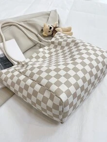 Checkered Pattern Bear Decor Corduroy Shoulder Tote Bag With Bag Charm - Multicolor - View 7