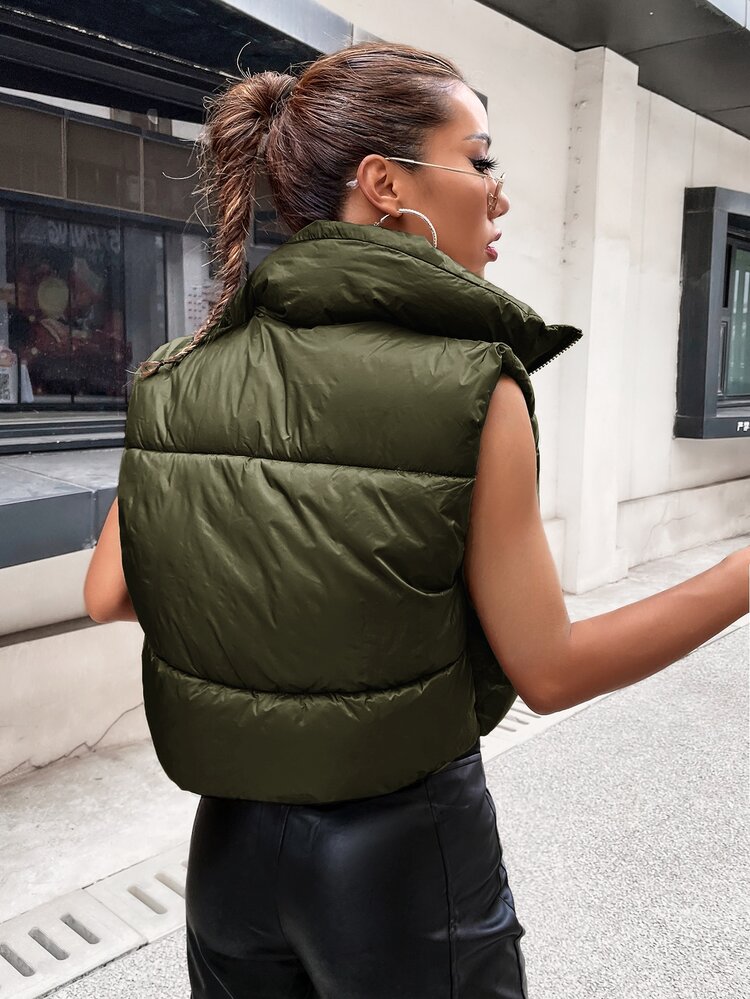 SHEIN EZwear Áo khoác phao cổ khóa kéo màu trơn cho nữ dùng trong mùa đông - xanh quân đội - Xem 2