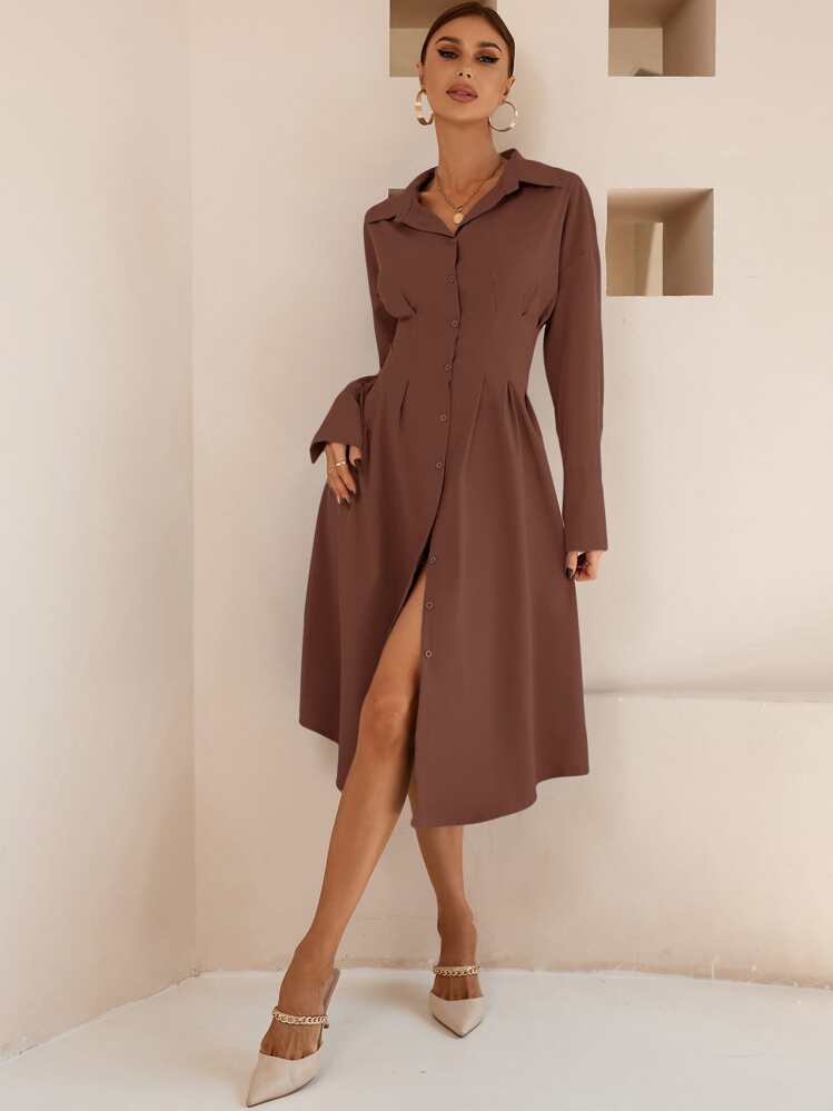 Aveloria Button Up Drop Shoulder Shirt Dress Workwear - Chocolate Brown - View 1