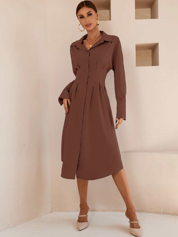 Aveloria Button Up Drop Shoulder Shirt Dress Workwear - Chocolate Brown - View 5