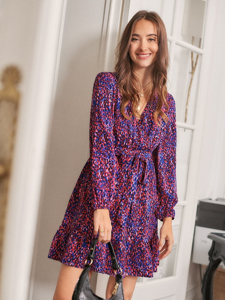 SHEIN Frenchy Đầm Thắt lưng Viên lá sen Trọn gói Tất cả trên in Thanh lịch - Nhiều màu - Xem 1