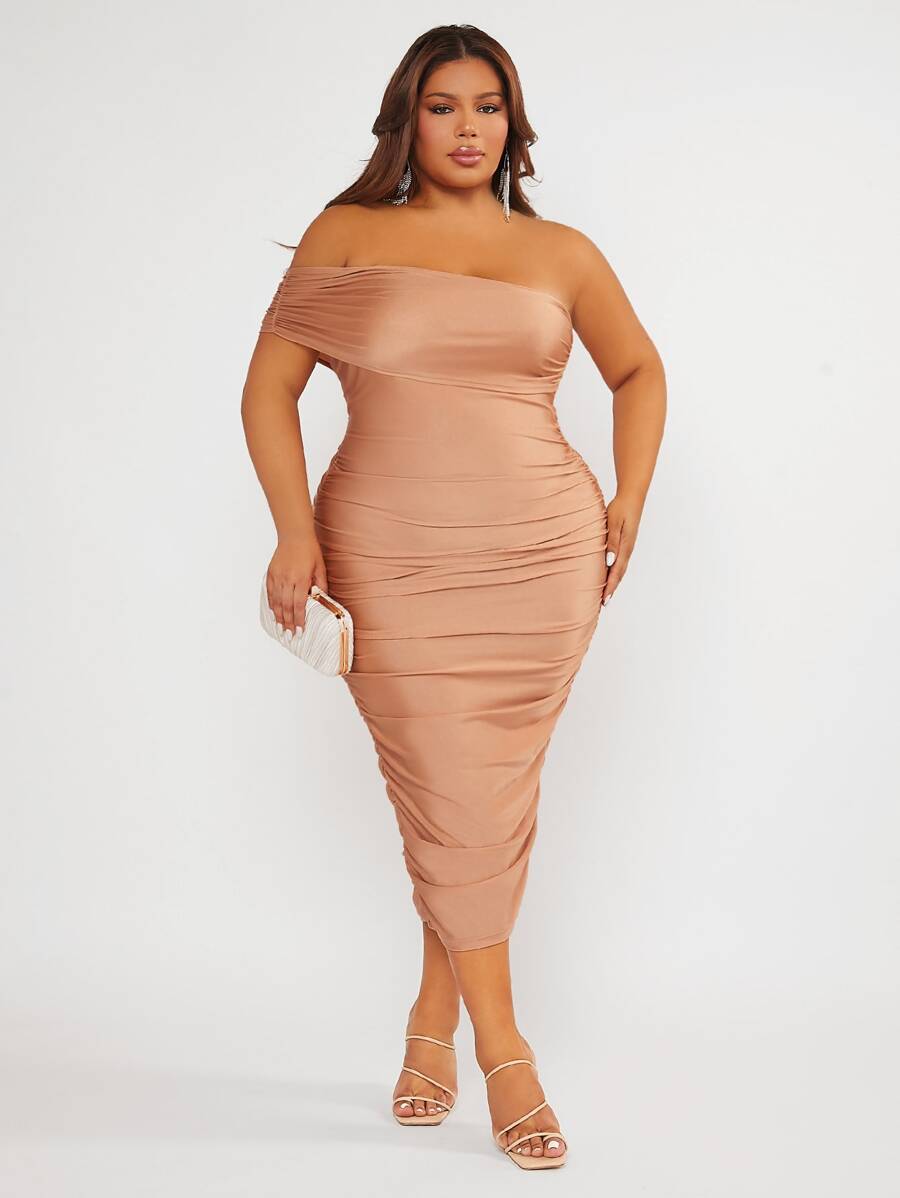 SHEIN SXY Vestido ajustado de un hombro fruncido - Rosa vieja - Ver 1