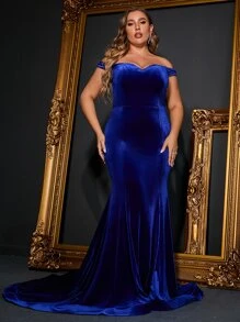 Plus Off Shoulder Mermaid Hem Velvet Dress - Royal Blue - View 1