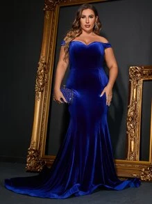 Plus Off Shoulder Mermaid Hem Velvet Dress - Royal Blue - View 8