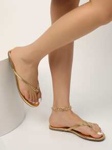 Dép xỏ ngón trang trí nút thắt kim loại, dép đế bằng kiểu Âu Mỹ hở ngón, giày ngoài trời thời trang và thoải mái cho nữ màu vàng, dép xỏ ngón đi biển quyến rũ cho nữ, trang phục mùa xuân hè. - Vàng - Xem 5