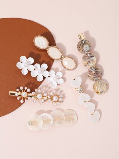 6 piezas Clip de pelo de mujer multicolor decorado con concha, flor y perla de resina sintética de alta calidad, adecuado para uso diario, casual, clip de flor para el Día de San Valentín, pinzas para el cabello, accesorios para el cabello, accesorios escolares, accesorios para la cabeza, atuendos de vacaciones para mujer
