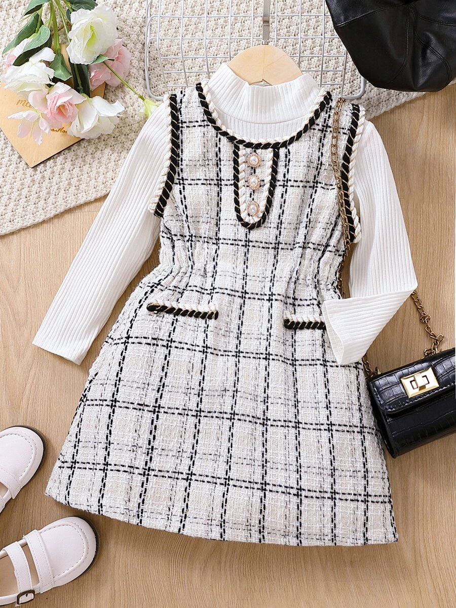 SHEIN Cô Gái Trẻ Cổ giả Áo thun & In kẻ sọc Váy không tay - trắng - Xem 1