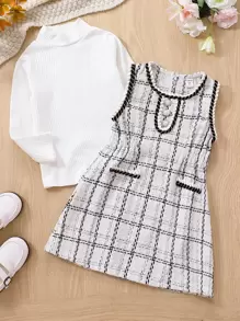 SHEIN Cô Gái Trẻ Cổ giả Áo thun & In kẻ sọc Váy không tay - trắng - Xem 6