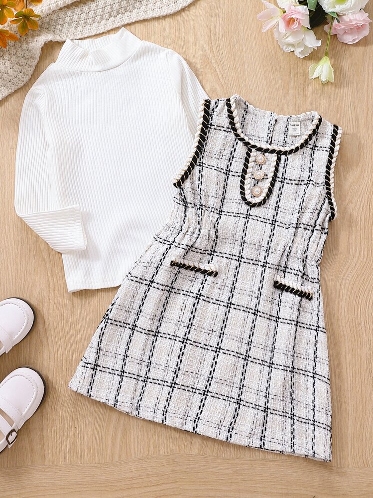 SHEIN Cô Gái Trẻ Cổ giả Áo thun & In kẻ sọc Váy không tay - trắng - Xem 6