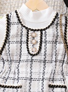 SHEIN Cô Gái Trẻ Cổ giả Áo thun & In kẻ sọc Váy không tay - trắng - Xem 7