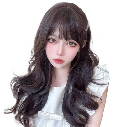 Natural Long Curly Synthetic Wig With Bangs